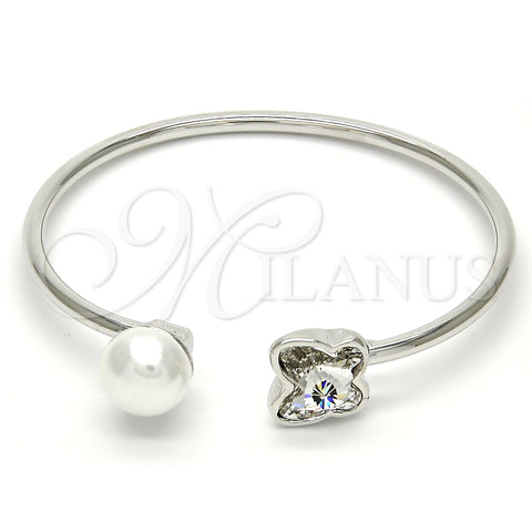 Rhodium Gold Filled Individual Bangle, Butterfly Design, with Crystal Swarovski Crystals and Ivory Pearl, Polished, Rhodium Finish, 07.239.0005.1 (03 MM Thickness, One size fits all)