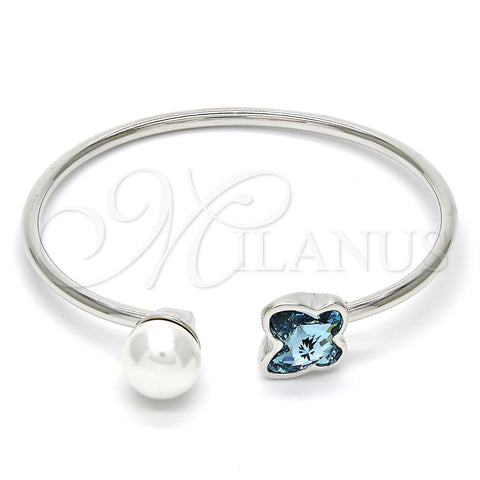 Rhodium Plated Individual Bangle, Butterfly Design, with Aquamarine Swarovski Crystals and Ivory Pearl, Polished, Rhodium Finish, 07.239.0005.3 (03 MM Thickness, One size fits all)