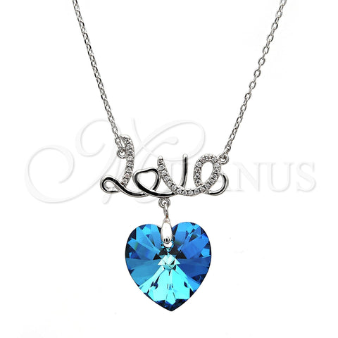 Rhodium Plated Pendant Necklace, Heart and Love Design, with Bermuda Blue Swarovski Crystals and White Micro Pave, Polished, Rhodium Finish, 04.239.0029.1.16 (01 MM Thickness, 16 Inches Length)