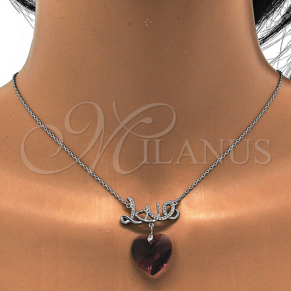 White Gold Filled Necklace — Pendant Necklace Heart and Love Design with Amethyst — alternate product view — SKU 112683 | Oro Laminado Blanco collar — Pendant Necklace corazón and Love diseño with Amethyst — SKU 112683