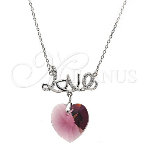 Rhodium Plated Pendant Necklace, Heart and Love Design, with Amethyst Swarovski Crystals and White Micro Pave, Polished, Rhodium Finish, 04.239.0029.2.16 (01 MM Thickness, 16 Inches Length)
