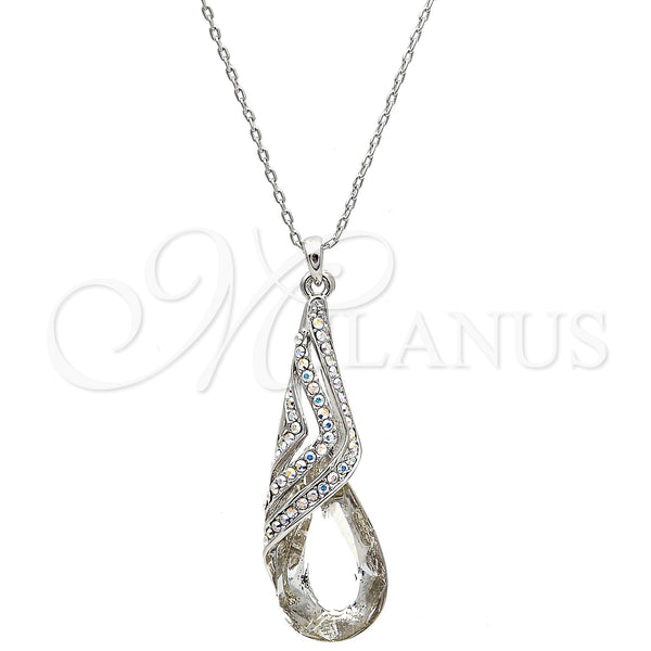 Rhodium Plated Pendant Necklace, Teardrop and Rolo Design, with Crystal and Aurore Boreale Swarovski Crystals, Polished, Rhodium Finish, 04.239.0037.2.16 (01 MM Thickness, 16 Inches Length)