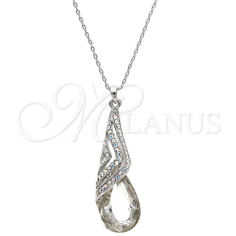 Rhodium Plated Pendant Necklace, Teardrop and Rolo Design, with Crystal and Aurore Boreale Swarovski Crystals, Polished, Rhodium Finish, 04.239.0037.2.16 (01 MM Thickness, 16 Inches Length)