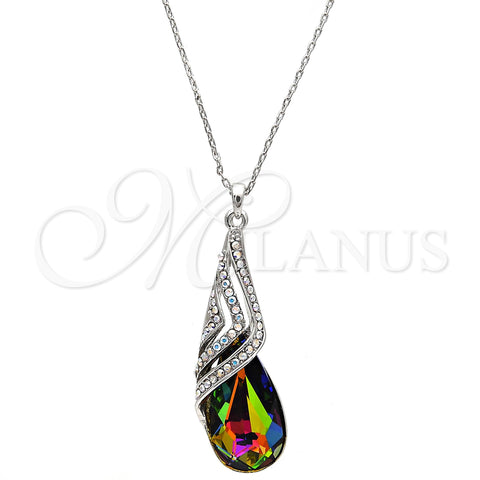 Rhodium Plated Pendant Necklace, Teardrop and Rolo Design, with Volcano and Aurore Boreale Swarovski Crystals, Polished, Rhodium Finish, 04.239.0037.3.16 (01 MM Thickness, 16 Inches Length)