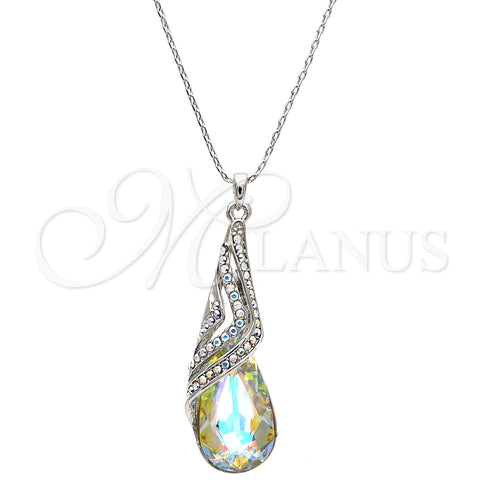 Rhodium Plated Pendant Necklace, Teardrop and Rolo Design, with Aurore Boreale and Aurore Boreale Swarovski Crystals, Polished, Rhodium Finish, 04.239.0037.4.16 (01 MM Thickness, 16 Inches Length)