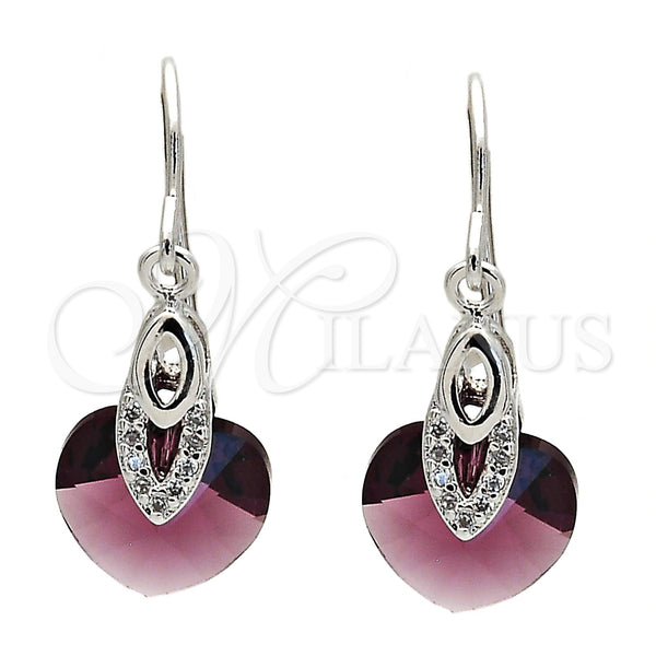 Rhodium Plated Long Earring, Heart Design, with Amethyst Swarovski Crystals and White Cubic Zirconia, Polished, Rhodium Finish, 02.239.0030.1