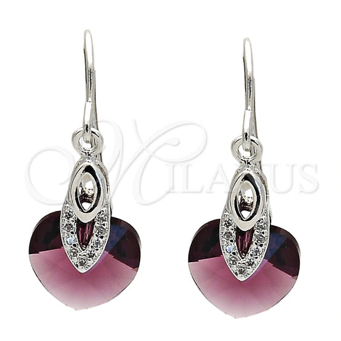 Rhodium Plated Long Earring, Heart Design, with Amethyst Swarovski Crystals and White Cubic Zirconia, Polished, Rhodium Finish, 02.239.0030.1
