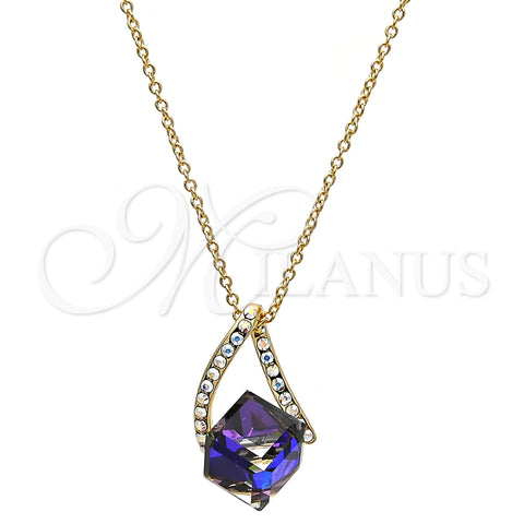 Oro Laminado Pendant Necklace, Gold Filled Style Rolo Design, with Heliotrope and Aurore Boreale Swarovski Crystals, Polished, Golden Finish, 04.239.0039.8.16 (01 MM Thickness, 16 Inches Length)