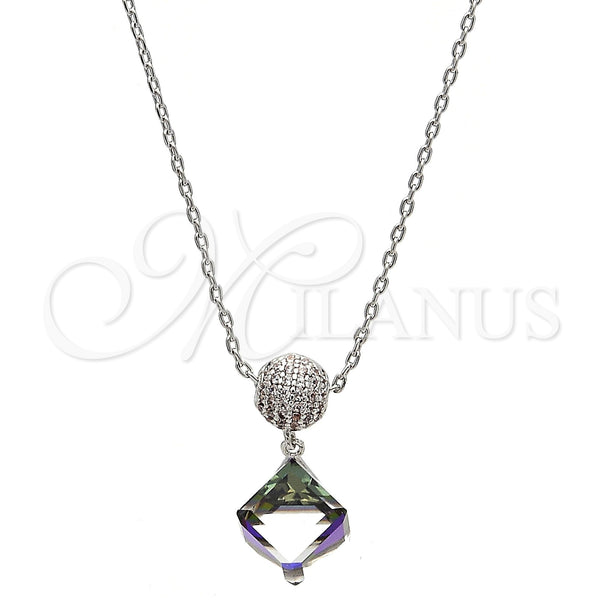 Rhodium Plated Pendant Necklace, with Aurore Boreale Swarovski Crystals and White Micro Pave, Polished, Rhodium Finish, 04.239.0021.1.16 (01 MM Thickness, 16 Inches Length)