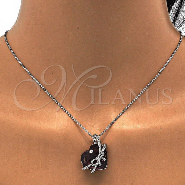 White Gold Filled Necklace — Pendant Necklace Heart and Bow Design with Amethyst — alternate product view — SKU 112793 | Oro Laminado Blanco collar — Pendant Necklace corazón and Bow diseño with Amethyst — SKU 112793