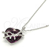 Rhodium Plated Pendant Necklace, Heart and Bow Design, with Amethyst Swarovski Crystals and White Micro Pave, Polished, Rhodium Finish, 04.239.0001.1.16 (01 MM Thickness, 16 Inches Length)