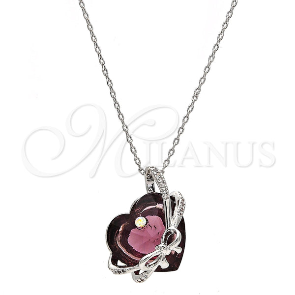 White Gold Filled Necklace — Pendant Necklace Heart and Bow Design with Amethyst — main product view — SKU 112793 | Oro Laminado Blanco collar — Pendant Necklace corazón and Bow diseño with Amethyst — SKU 112793