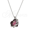 Rhodium Plated Pendant Necklace, Heart and Bow Design, with Amethyst Swarovski Crystals and White Micro Pave, Polished, Rhodium Finish, 04.239.0001.1.16 (01 MM Thickness, 16 Inches Length)