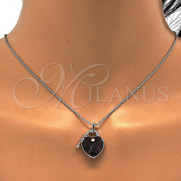 White Gold Filled Necklace — Pendant Necklace Heart and key Design with Amethyst — alternate product view — SKU 112794 | Oro Laminado Blanco collar — Pendant Necklace corazón and key diseño with Amethyst — SKU 112794