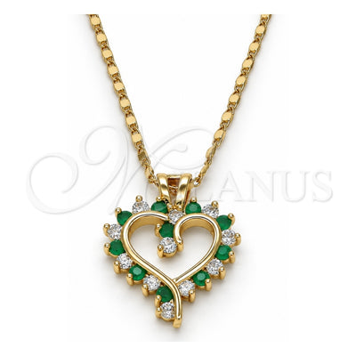 Oro Laminado Pendant Necklace, Gold Filled Style Heart Design, with Green and White Cubic Zirconia, Polished, Golden Finish, 04.210.0001.3.18 (02 MM Thickness, 18 Inches Length)