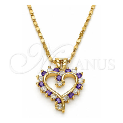 Oro Laminado Pendant Necklace, Gold Filled Style Heart Design, with Amethyst and White Cubic Zirconia, Polished, Golden Finish, 04.210.0001.5.18 (02 MM Thickness, 18 Inches Length)