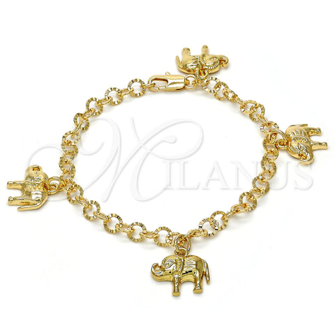 Oro Laminado Charm Bracelet, Gold Filled Style Elephant Design, Diamond Cutting Finish, Golden Finish, 03.63.1789.07 (05 MM Thickness, 7 Inches Length)