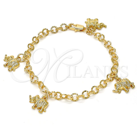 Oro Laminado Charm Bracelet, Gold Filled Style Elephant Design, Diamond Cutting Finish, Golden Finish, 03.63.1790.07 (05 MM Thickness, 7 Inches Length)