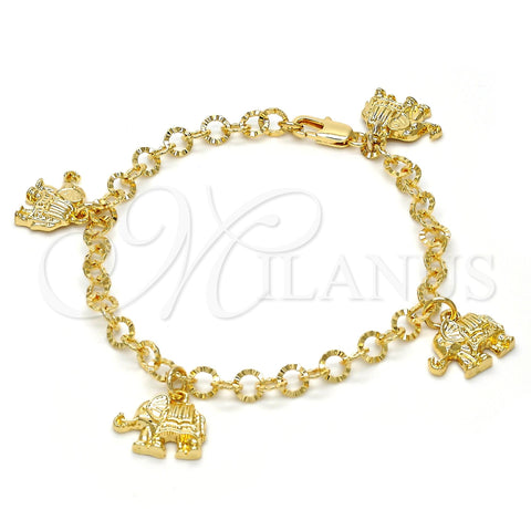 Oro Laminado Charm Bracelet, Gold Filled Style Elephant Design, Diamond Cutting Finish, Golden Finish, 03.63.1791.07 (05 MM Thickness, 7 Inches Length)