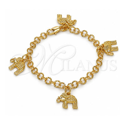 Oro Laminado Charm Bracelet, Gold Filled Style Elephant Design, with White Crystal, Diamond Cutting Finish, Golden Finish, 03.63.1794.07 (05 MM Thickness, 7 Inches Length)