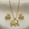 Oro Laminado Earring and Pendant Adult Set, Gold Filled Style Elephant Design, with Ruby and White Micro Pave, Polished, Golden Finish, 10.199.0076.2