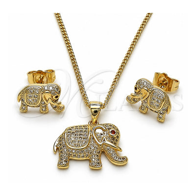 Oro Laminado Earring and Pendant Adult Set, Gold Filled Style Elephant Design, with Ruby and White Micro Pave, Polished, Golden Finish, 10.199.0076.2