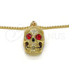 Oro Laminado Pendant Necklace, Gold Filled Style Skull Design, with Garnet Crystal, Polished, Golden Finish, 04.242.0059.30 (03 MM Thickness, 30 Inches Length)