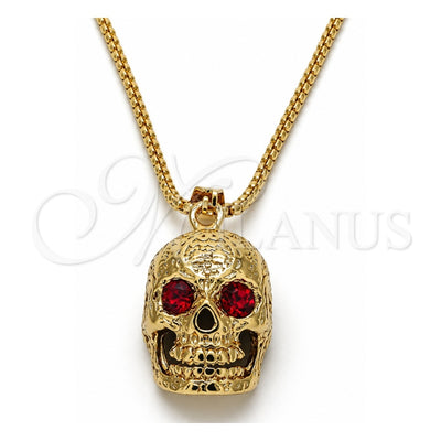 Oro Laminado Pendant Necklace, Gold Filled Style Skull Design, with Garnet Crystal, Polished, Golden Finish, 04.242.0059.30 (03 MM Thickness, 30 Inches Length)