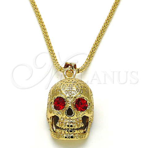 Oro Laminado Pendant Necklace, Gold Filled Style Skull Design, with Garnet Crystal, Polished, Golden Finish, 04.242.0059.30 (03 MM Thickness, 30 Inches Length)