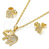 Oro Laminado Earring and Pendant Adult Set, Gold Filled Style Elephant Design, with White and Ruby Micro Pave, Polished, Golden Finish, 10.199.0079