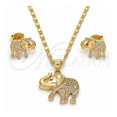 Oro Laminado Earring and Pendant Adult Set, Gold Filled Style Elephant Design, with White and Ruby Micro Pave, Polished, Golden Finish, 10.199.0079