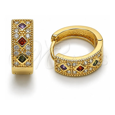 Oro Laminado Huggie Hoop, Gold Filled Style with Multicolor Cubic Zirconia and White Micro Pave, Polished, Golden Finish, 02.210.0056.15