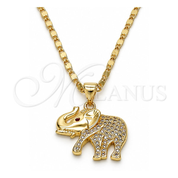 Oro Laminado Pendant Necklace, Gold Filled Style Elephant Design, with White and Ruby Micro Pave, Polished, Golden Finish, 04.199.0004.20 (02 MM Thickness, 20 Inches Length)