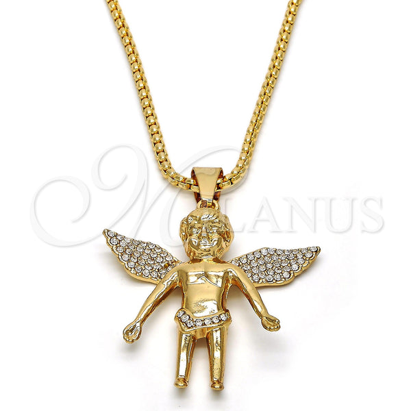 Oro Laminado Pendant Necklace, Gold Filled Style Angel Design, with White Crystal, Polished, Golden Finish, 04.242.0067.30 (03 MM Thickness, 30 Inches Length)