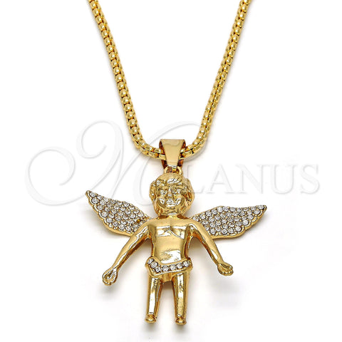 Oro Laminado Pendant Necklace, Gold Filled Style Angel Design, with White Crystal, Polished, Golden Finish, 04.242.0067.30 (03 MM Thickness, 30 Inches Length)