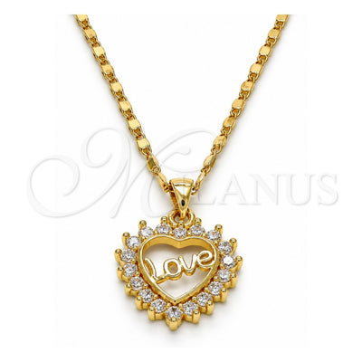 Oro Laminado Pendant Necklace, Gold Filled Style Heart and Love Design, with White Micro Pave, Polished, Golden Finish, 04.156.0047.20 (02 MM Thickness, 20 Inches Length)