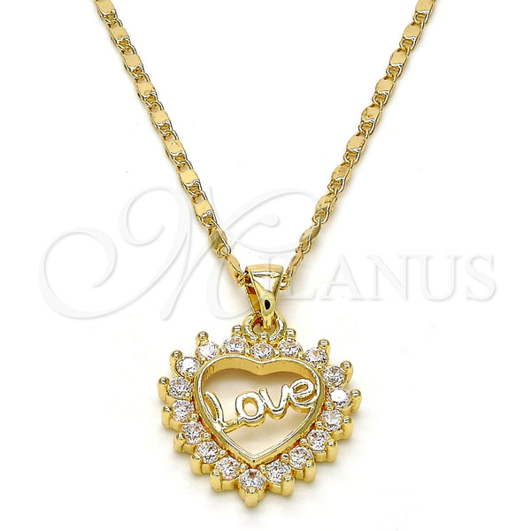 Oro Laminado Pendant Necklace, Gold Filled Style Heart and Love Design, with White Micro Pave, Polished, Golden Finish, 04.156.0047.20 (02 MM Thickness, 20 Inches Length)