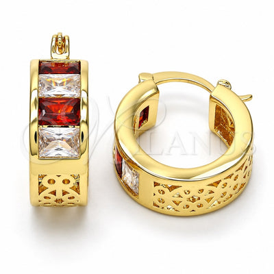 Oro Laminado Small Hoop, Gold Filled Style with Garnet and White Cubic Zirconia, Polished, Golden Finish, 02.185.0001.4.20