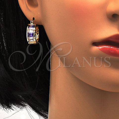 Oro Laminado Small Hoop, Gold Filled Style with Amethyst and White Cubic Zirconia, Polished, Golden Finish, 02.185.0001.5.20