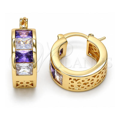 Oro Laminado Small Hoop, Gold Filled Style with Amethyst and White Cubic Zirconia, Polished, Golden Finish, 02.185.0001.5.20