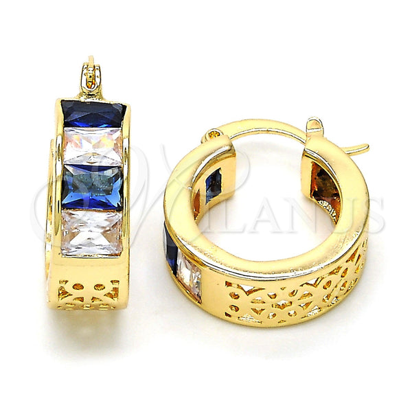 Gold Filled Hoop Earrings — Small Hoop with Sapphire Blue and White Cubic — main product view — SKU 113091 | Oro Laminado aretes de aro — Small Hoop with Sapphire Blue and blanco Cubic — SKU 113091