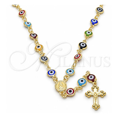Oro Laminado Medium Rosary, Gold Filled Style Guadalupe and Crucifix Design, Multicolor Resin Finish, Golden Finish, 09.63.0107.1.18
