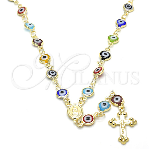 Oro Laminado Medium Rosary, Gold Filled Style Guadalupe and Crucifix Design, Multicolor Resin Finish, Golden Finish, 09.63.0107.1.18