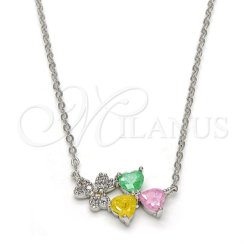 Rhodium Plated Pendant Necklace, Heart Design, with Multicolor Cubic Zirconia, Polished, Rhodium Finish, 04.213.0034.3.16 (01 MM Thickness, 16 Inches Length)