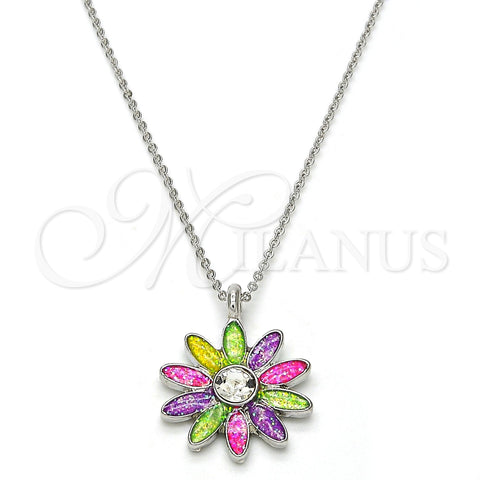 Rhodium Plated Pendant Necklace, Flower Design, with White Crystal, Multicolor Enamel Finish, Rhodium Finish, 04.213.0040.16 (01 MM Thickness, 16 Inches Length)