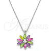 Rhodium Gold Filled Pendant Necklace, Flower Design, with White Crystal, Multicolor Enamel Finish, Rhodium Finish, 04.213.0040.16 (01 MM Thickness, 16 Inches Length)
