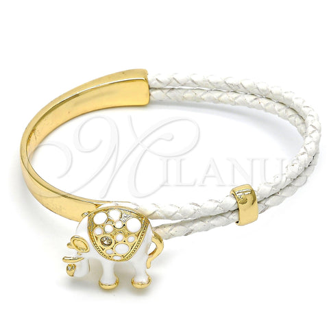 Oro Laminado Individual Bangle, Gold Filled Style Elephant Design, with White Crystal, White Enamel Finish, Golden Finish, 07.179.0001 (06 MM Thickness, One size fits all)