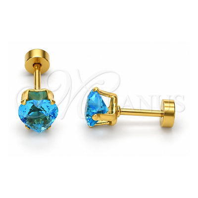 Stainless Steel Stud Earring, Heart Design, with Blue Topaz Cubic Zirconia, Polished, Golden Finish, 02.271.0009.7