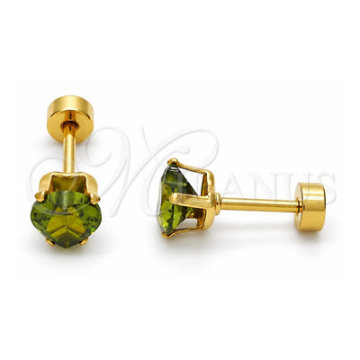 Stainless Steel Stud Earring, Heart Design, with Dark Peridot Cubic Zirconia, Polished, Golden Finish, 02.271.0009.10