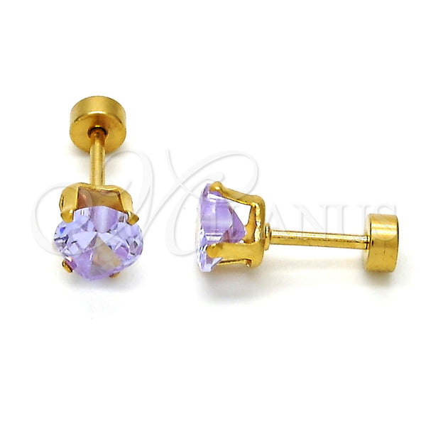 Stainless Steel Stud Earring, Heart Design, with Lavender Cubic Zirconia, Polished, Golden Finish, 02.271.0009.11
